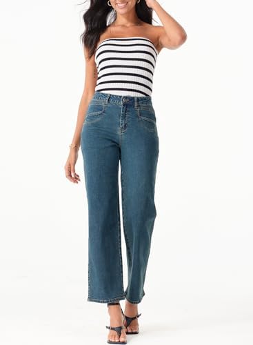 Sidefeel Women's Straight Leg Jeans High Waisted Stretchy Jeans Zimbaplatinum Wide Leg Ankle Denim Pants with Pockets
