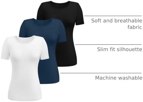 Ficerd 3 Pack Women's Ribbed Short Sleeve T-Shirts