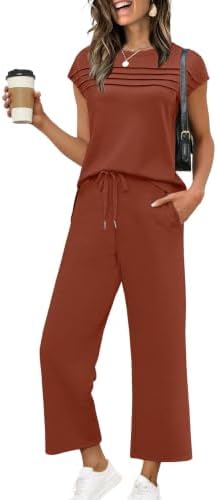 WIHOLL Two Piece Sets for Women Summer Spring Travel Vacation Outfits Cap Sleeve Lounge Matching Sets Wide Leg Pants S-3XL