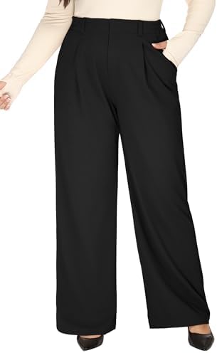 1X-5X Plus Size Wide Leg Dress Pants Women Pull On Stretchy Work Pants