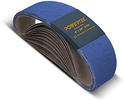 POWERTEC 9PK 4x36 Sanding Belts, 3 Each of 24/60/120 Grits Zirconia, 4 x 36 Inch Sanding Belts for Benchtop Belt and Disc Sander, Belt Sandpaper for Woodworking, Metal Grinding, Deburring (443620Z)