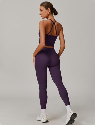 QBGJTD Womens Workout Sets Two Piece Cross Back Tank Top Matching High Waist Leggings Sets Gym Outfits Work Out Clothes