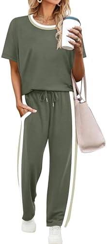 WIHOLL 2 Piece Lounge Sets for Women Matching Set Summer Outfits Short Sleeve Tops Wide Leg Pants with Pockets