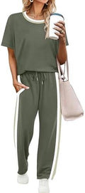 WIHOLL 2 Piece Lounge Sets for Women Matching Set Summer Outfits Short Sleeve Tops Wide Leg Pants with Pockets