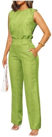 Floerns Women's 2 Piece Sets Dressy Outfits Bussiness casual Crew Neck Sleeveless Blouse and Elegant Pants Set