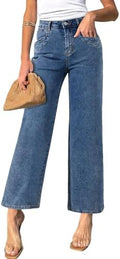 Sidefeel Women's Straight Leg Jeans High Waisted Stretchy Jeans Zimbaplatinum Wide Leg Ankle Denim Pants with Pockets