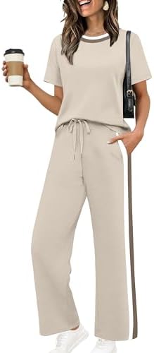 WIHOLL 2 Piece Lounge Sets for Women Matching Set Summer Outfits Short Sleeve Tops Wide Leg Pants with Pockets