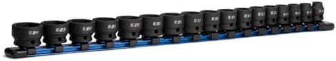 Capri Tools 3/8 in. Drive Stubby Impact Socket Set, Metric, 8 to 24 mm, 17-Piece with Blue Aluminum Socket Rail
