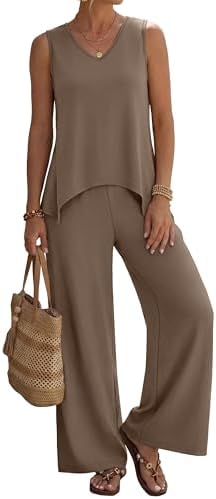 WIHOLL Two Piece Sets for Women Dressy Lounge Sets Summer Outfits Cruise Travel Beach Vacation Casual Wide Leg Pants Set