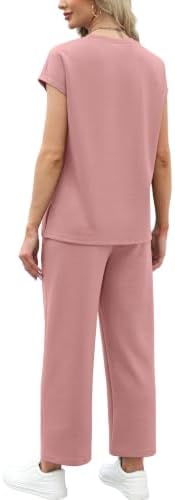 WIHOLL Two Piece Sets for Women Summer Spring Travel Vacation Outfits Cap Sleeve Lounge Matching Sets Wide Leg Pants S-3XL