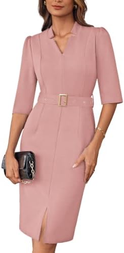 GRACE KARIN Women's Work Dress 3/4 Sleeve V Neck Bodycon Dress with Belt