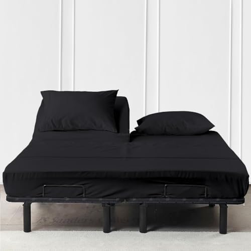 JS Sanders Collection 600TC Flex Top Queen Sheets for Sleep Number Bed - 100% Cotton 4 Pcs Top Split Queen Sheets for Adjustable Bed Queen 30 Inch Down Black -18 Inch Deep