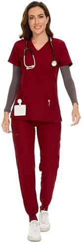 COZYFIT Scrubs for Women Set - Stretch V-Neck & Jogger Pant with 9 Pockets