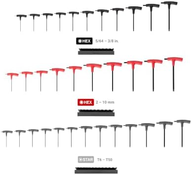 TEKTON Ball End Hex and Star T-Handle Key Set, 34-Piece | KEY92001 | 5/64 - 3/8 in., 2 - 10 mm, T6 - T50, Manganese Phosphate Finish, Stand