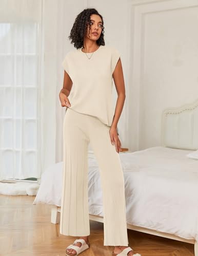 Ekouaer Lounge Sets for Women Two Piece Outfits Knit Cap Sleeve Tops Wide Leg Pleated Pants Casual Dressy Sweater Sets