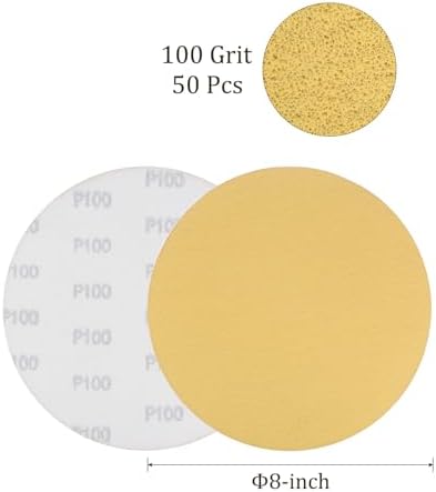 50pcs No Hole Sanding Discs- [ 8 Inch 100 Grit ] Round Hook and Loop Grip Sanding Pads Sheet Sandpaper for Automotive Woodworking Metal Polishing Use| Gold, Aluminum Oxide