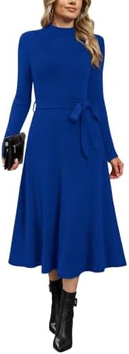 OFEEFAN Long Sleeve Dress Mock Neck Tie Waist Ribbed Knit Midi Dresses Fall Outfits