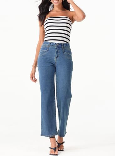 Sidefeel Women's Straight Leg Jeans High Waisted Stretchy Jeans Zimbaplatinum Wide Leg Ankle Denim Pants with Pockets