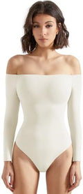 SUUKSESS Women Off Shoulder Long Sleeve Bodysuits Double Lined Basic Tops