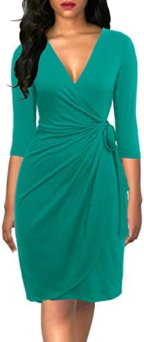 Berydress Women's 3/4 Sleeve V Neck Casual Party Work Faux Black Wrap Dress