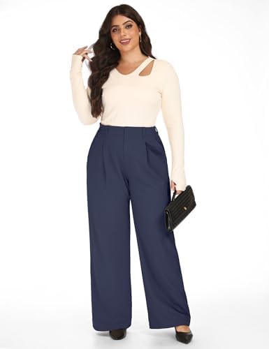 1X-5X Plus Size Wide Leg Dress Pants Women Pull On Stretchy Work Pants