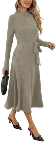 OFEEFAN Long Sleeve Dress Mock Neck Tie Waist Ribbed Knit Midi Dresses Fall Outfits