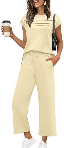 WIHOLL Two Piece Sets for Women Summer Spring Travel Vacation Outfits Cap Sleeve Lounge Matching Sets Wide Leg Pants S-3XL