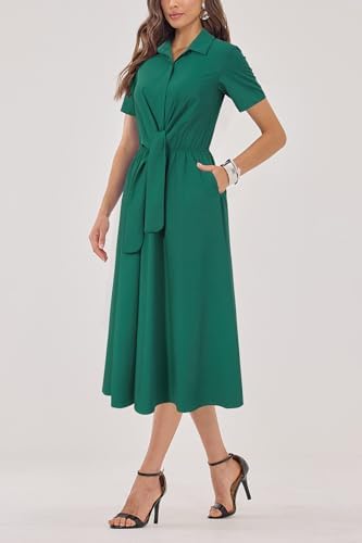 Newshows Women's Work Business Casual Outfits Tie Waist Midi Shirt Dress