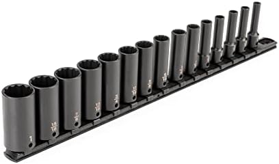 TEKTON 3/8 Inch Drive Impact Socket Set, 15-Piece | SID91113 | (1/4 - 1 in.), Deep, 12-Point, Socket Rail