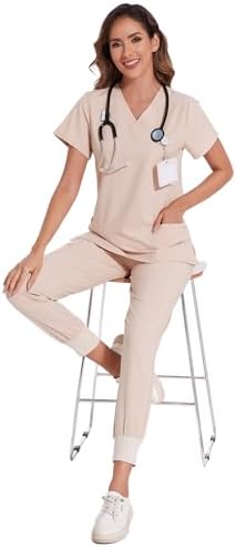 COZYFIT Scrubs for Women Set - Stretch V-Neck & Jogger Pant with 9 Pockets