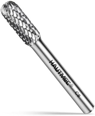 HAUTMEC Tungsten Carbide Rotary Burr Bit YG6, 1/4" Shank Double Cut Die Grinder Bit, Low Vibration Precision Rotary File for Metal Grinding, Engraving & Deburring (8MM Cylindrical Ball End), HT0199