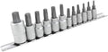Performance Tool W1335 12-Piece Star Bit Socket Set | Hardened alloy steel. 1/4, 3/8 and 1/2-inch drive sizes from T10 to T60. Storage rail included
