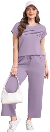 WIHOLL Two Piece Sets for Women Summer Spring Travel Vacation Outfits Cap Sleeve Lounge Matching Sets Wide Leg Pants S-3XL