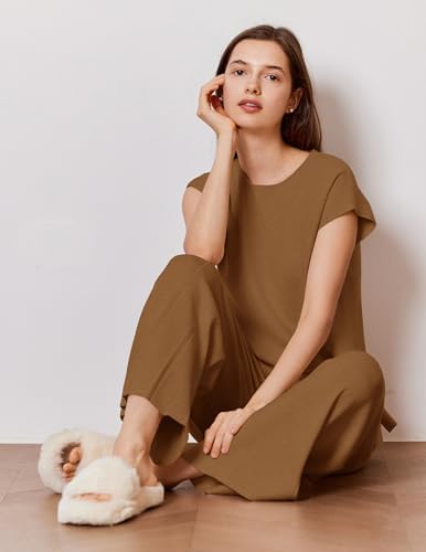Ekouaer Lounge Sets for Women Two Piece Outfits Knit Cap Sleeve Tops Wide Leg Pleated Pants Casual Dressy Sweater Sets