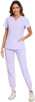 COZYFIT Scrubs for Women Set - Stretch V-Neck & Jogger Pant with 9 Pockets