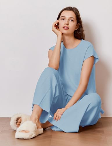Ekouaer Lounge Sets for Women Two Piece Outfits Knit Cap Sleeve Tops Wide Leg Pleated Pants Casual Dressy Sweater Sets