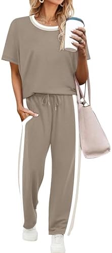 WIHOLL 2 Piece Lounge Sets for Women Matching Set Summer Outfits Short Sleeve Tops Wide Leg Pants with Pockets
