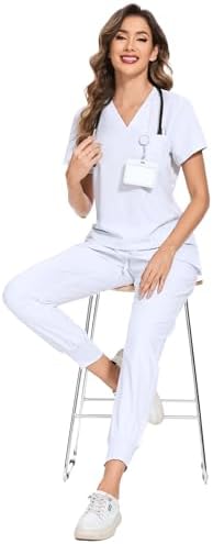 COZYFIT Scrubs for Women Set - Stretch V-Neck & Jogger Pant with 9 Pockets