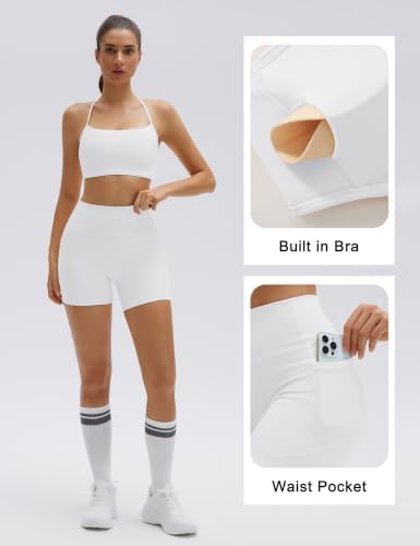 SUUKSESS Women 2 Piece Workout Sets Padded Halter Sports Bras High Waisted Biker Shorts with Pockets