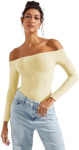 SUUKSESS Women Off Shoulder Long Sleeve Bodysuits Double Lined Basic Tops