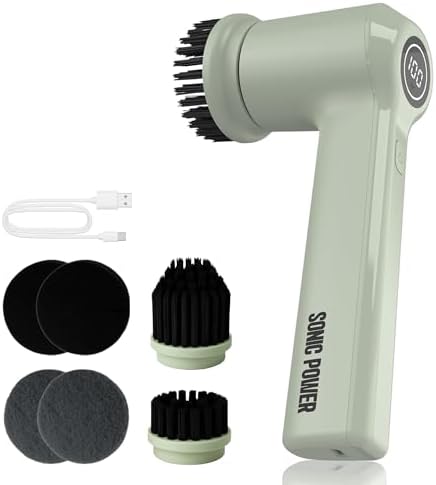 SonicPower Electric Spin Scrubber – Handheld & Ergonomic, IPX7 Waterproof, 4 Multi-Purpose Brush Heads, Long-Lasting Rechargeable Battery – Cleans Dishes, Bathroom, Tile, Grout & Kitchen (Sage)