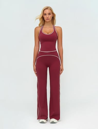ABOCIW Two Piece Workout Sets for Women Racerback Tank Top Matching High Waist Wide Leg Yoga Pants Pilates Outfits