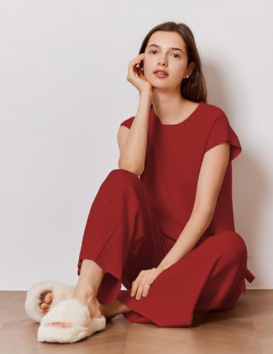 Ekouaer Lounge Sets for Women Two Piece Outfits Knit Cap Sleeve Tops Wide Leg Pleated Pants Casual Dressy Sweater Sets