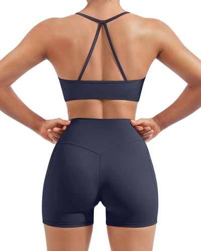 SUUKSESS Women 2 Piece Workout Sets Padded Halter Sports Bras High Waisted Biker Shorts with Pockets