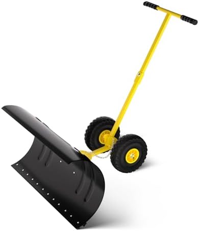 Garvee Snow Pusher with Wheels, 29" Heavy Duty Steel Blade, Adjustable Angle & Height Handle for Effortless Driveway Snow Removal, Ground Protection Base.