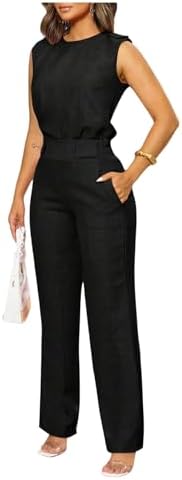 Floerns Women's 2 Piece Sets Dressy Outfits Bussiness casual Crew Neck Sleeveless Blouse and Elegant Pants Set