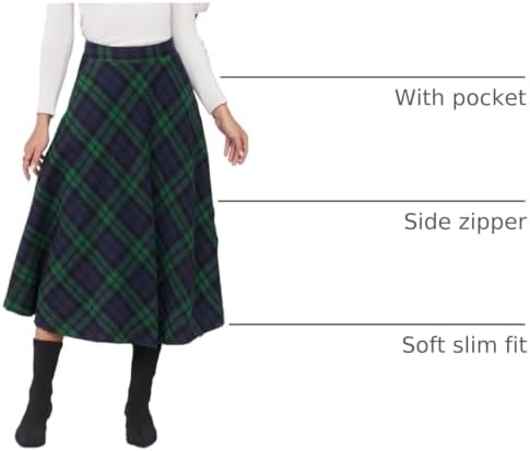 IDEALSANXUN Womens Plaid Wool Skirts Elastic Waist A-Line Pleated Tartan Long Skirts