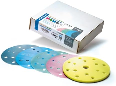 Hi-Tech Topcoat Finishing Disc Starter Kit, Sanding Discs, 15 Holes, SP19355, Super Assilex + Super Buflex, K1500 - K3000, 20 Discs + Pad