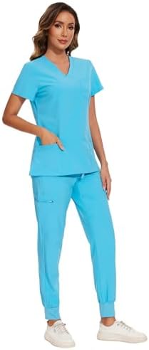 COZYFIT Scrubs for Women Set - Stretch V-Neck & Jogger Pant with 9 Pockets