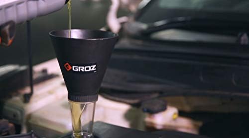 Groz Universal Hands-Free Oil Funnel, Spring-Loaded Plier Clamp Fits 1" to 3-1/8" (25-80 mm) Fill Openings, PP/PC Construction for Engine Oil, Diesel, Gasoline (41940)